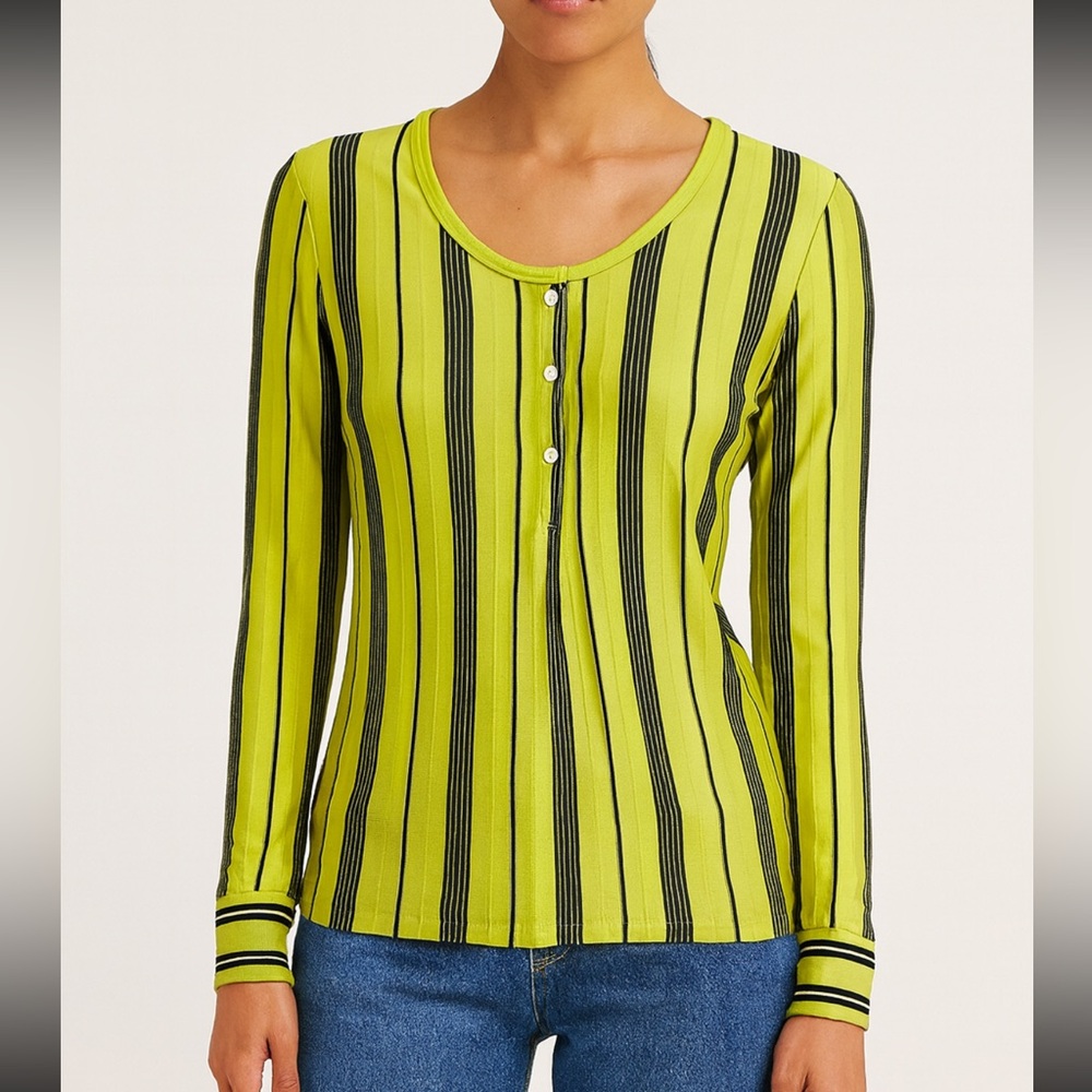 A.P.C. Lime Green and Black Striped Long Sleeve Henley Top